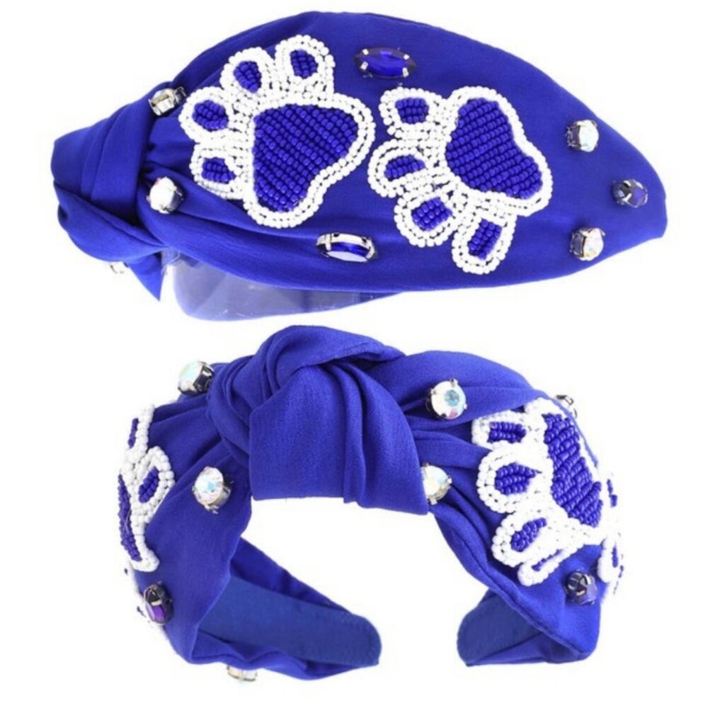 Blue Fabric Top Knot Headband with White Beaded Paws Crystals Kentucky Wildcats